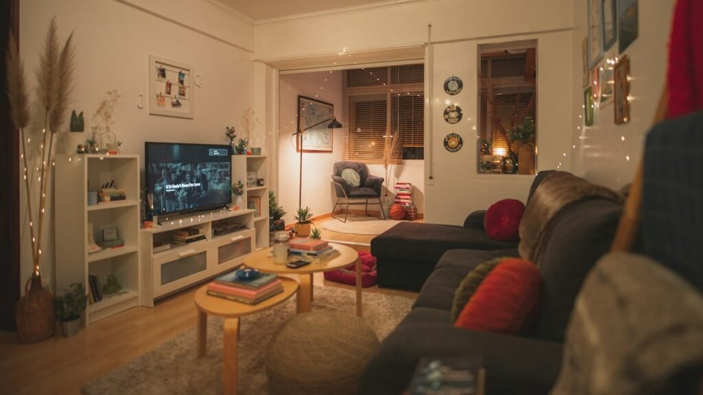 Sala com televisão e sofá em um ambiente doméstico